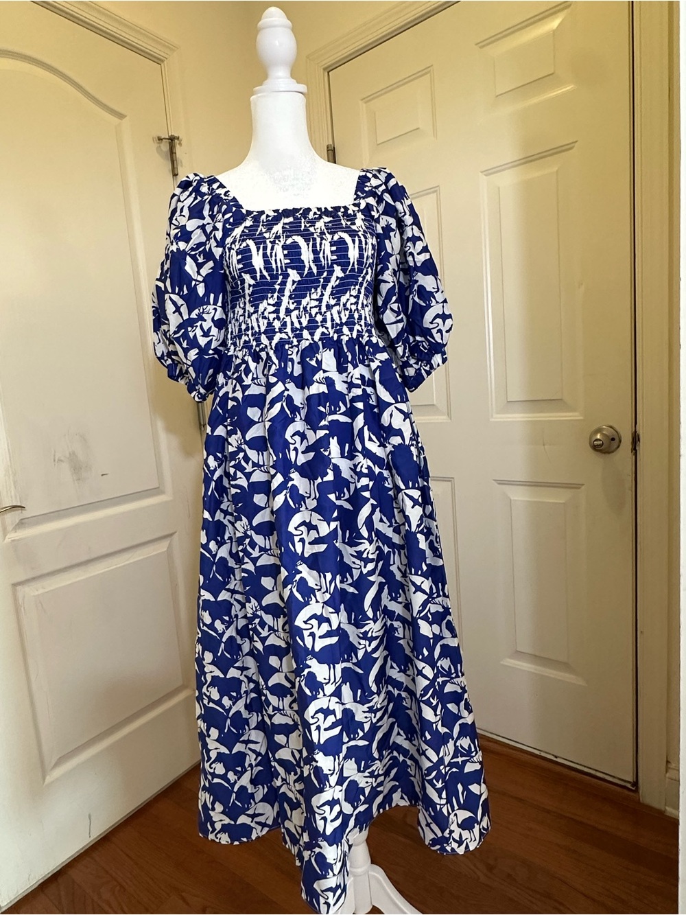 Jessie Zhao Blue & White Smocked Midi Dress with Puff Sleeves NWT. size S
